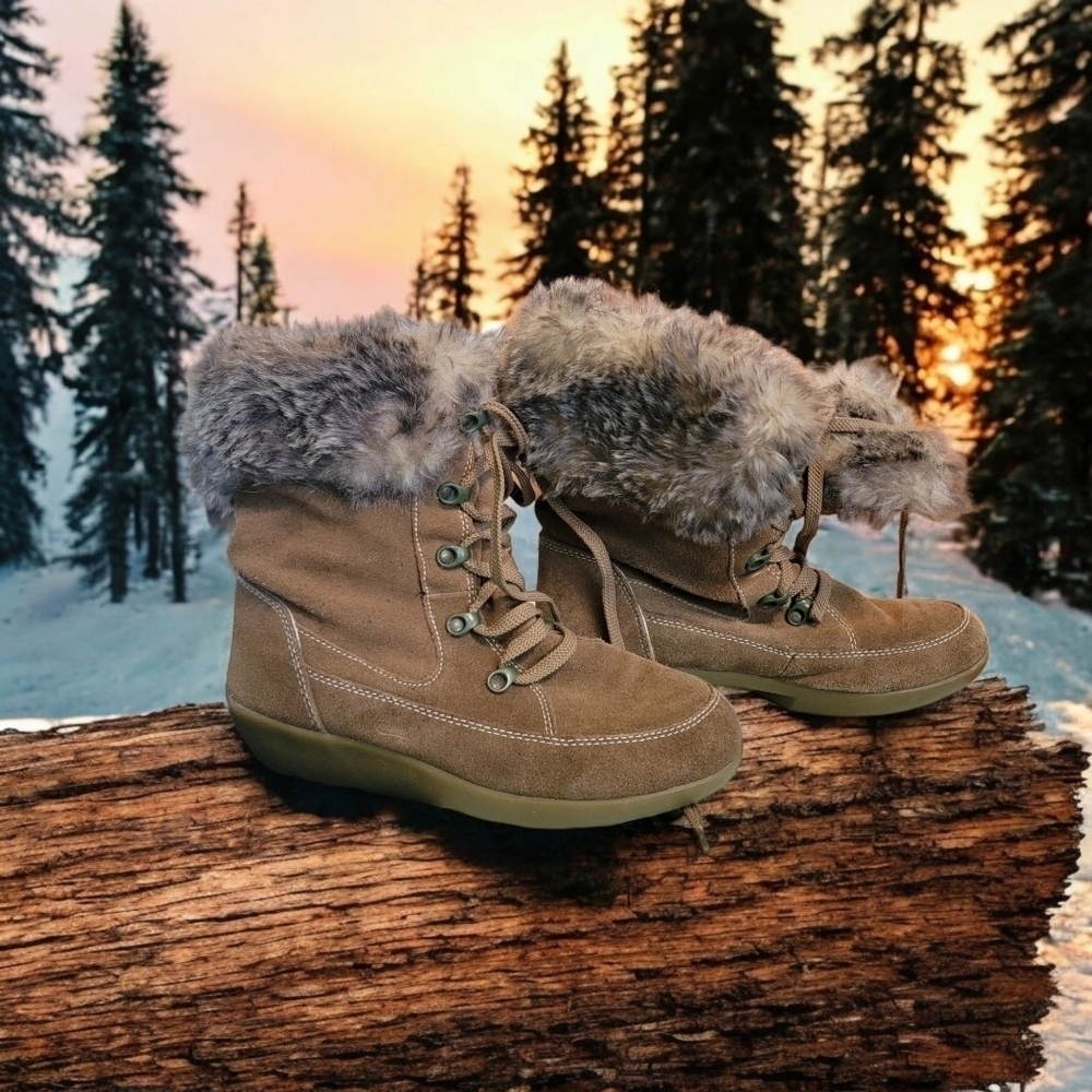 Bass Chalet Womens Size 8m Brown Leather Lace-Up Winter Faux Fur Boots T35